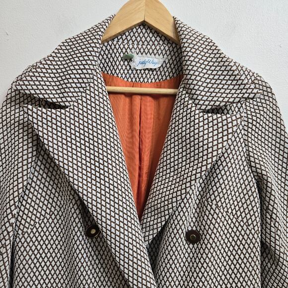 Judy Wayne Womens Vintage 60s Mod Diamond Knit Double Breasted Brown Overcoat 13 - Picture 6 of 12